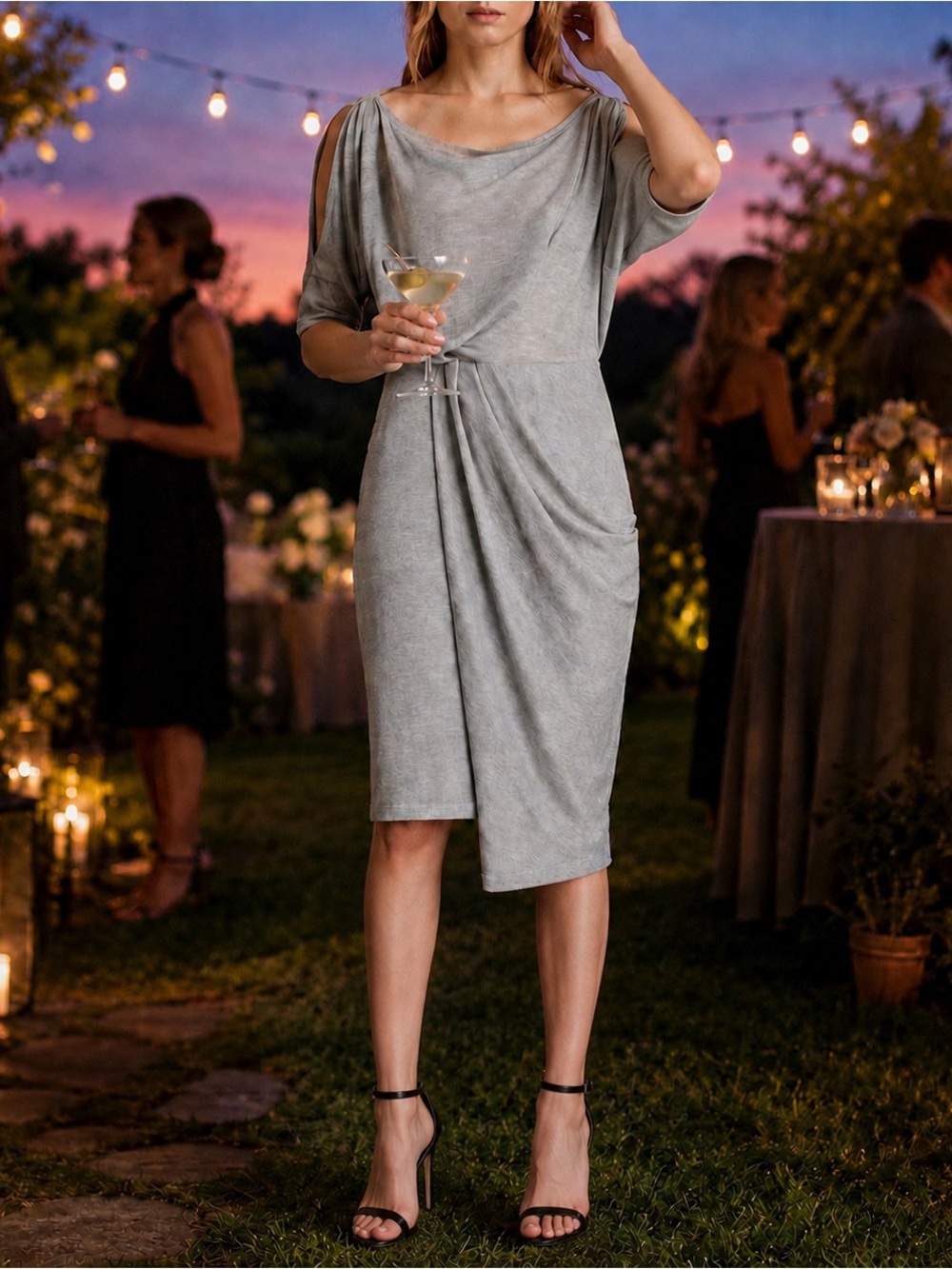 AllSaints Sina Shimmer Draped Midi Dress Silver Metallic M Cocktail Holiday